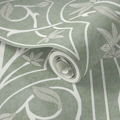 Art Nouveau Floral Trellis Wallpaper: Elegant Heritage Design in Beige, Blue & Green
