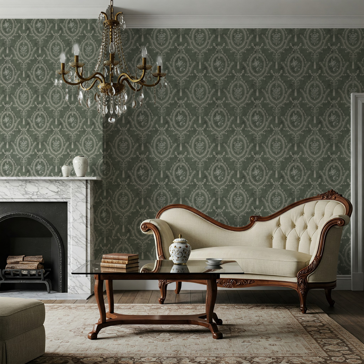 Green Damask Wallpaper – heritage-style damask wallpaper with neoclassical medallion pattern in a classic sitting room with fireplace.