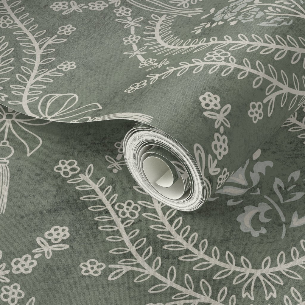 Green Damask Wallpaper Close-Up – detailed neoclassical floral medallion pattern on heritage damask wallpaper.