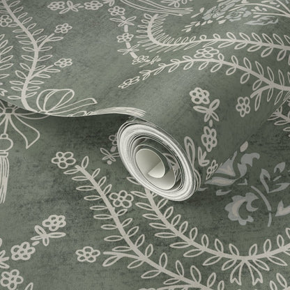 Green Damask Wallpaper Close-Up – detailed neoclassical floral medallion pattern on heritage damask wallpaper.