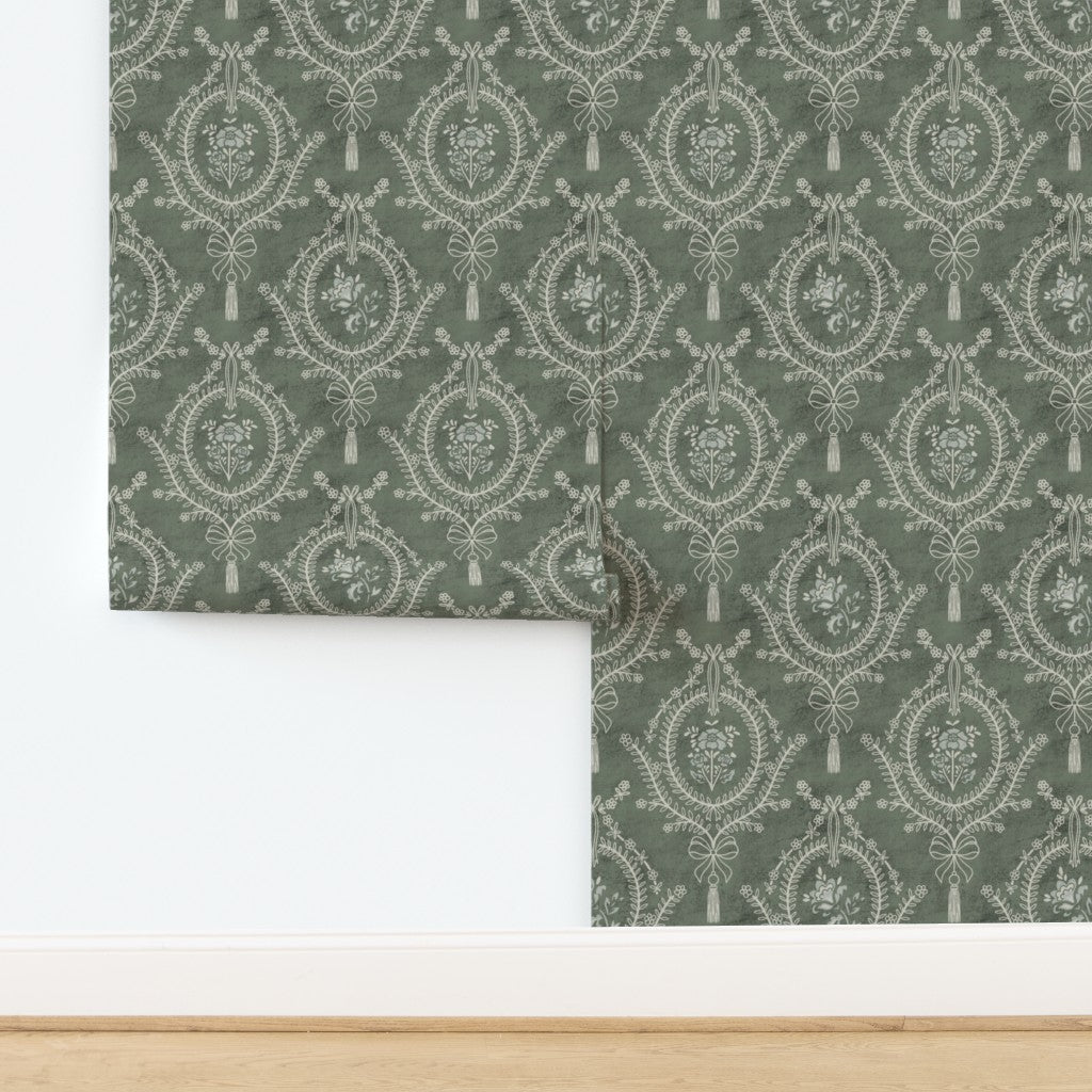 Green Damask Wallpaper Installation – heritage neoclassical medallion wallpaper styled against a white wall for modern contrast.