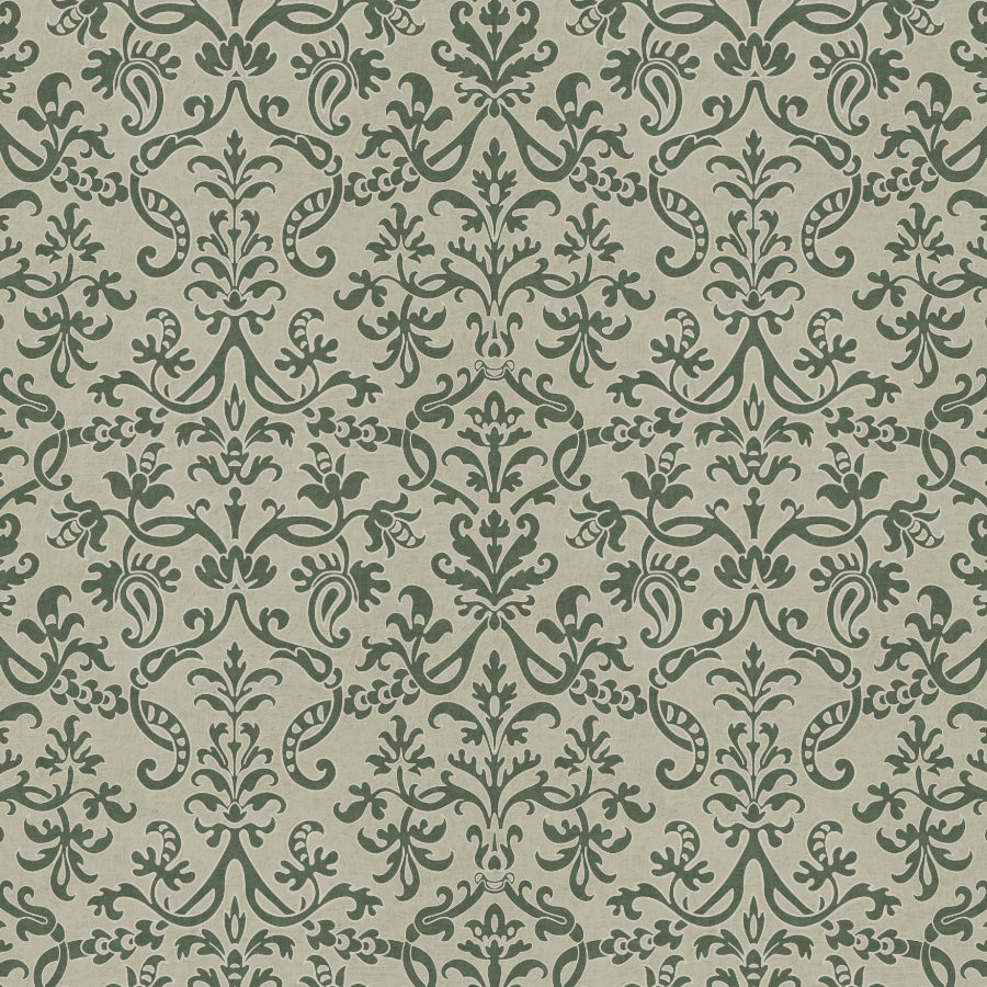 Close-up of silhouette green Victorian damask wallpaper highlighting ornate floral details.