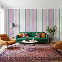 Green and Pink Striped Wallpaper – striped coastal wallpaper styled in modern living room
