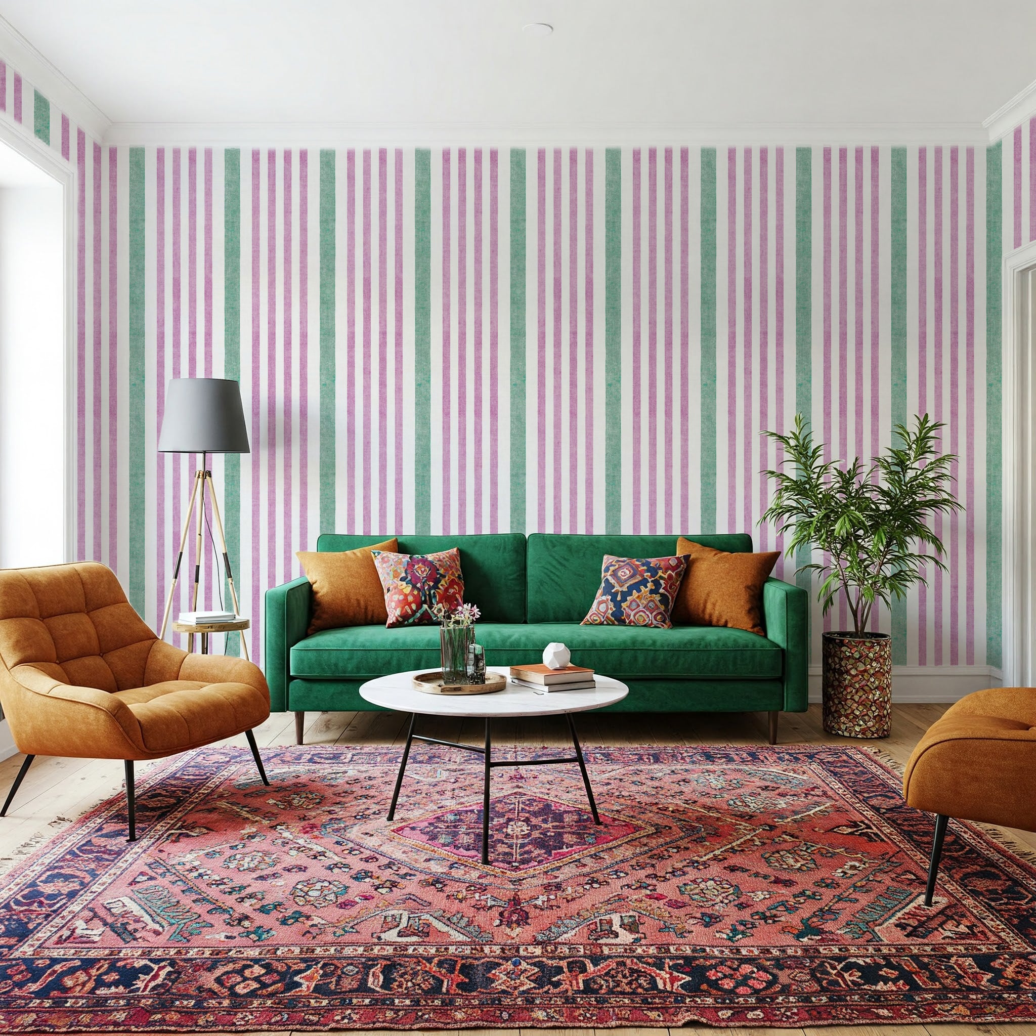 Green and Pink Striped Wallpaper – striped coastal wallpaper styled in modern living room