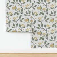 Green and Yellow Floral Vine Wallpaper – floral cottage wallpaper with vintage country charm for hallway or dining room