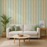 Green and Yellow Striped Wallpaper – watercolour striped wallpaper in relaxed living room