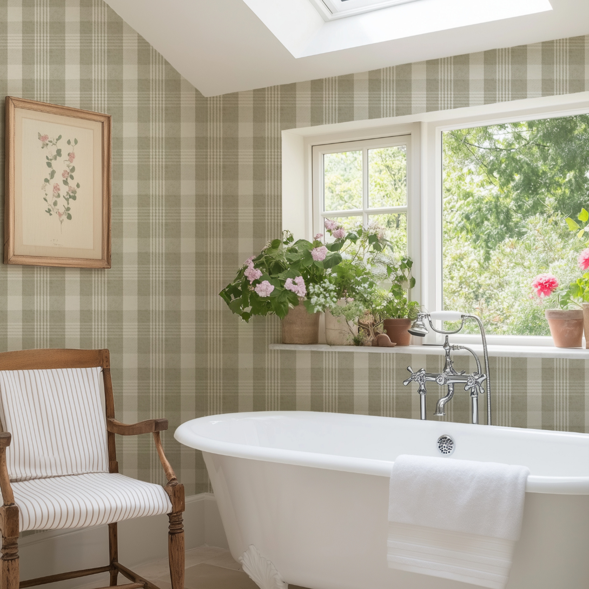 Green plaid wallpaper with a moisture-resistant check design in a bright bathroom, styled with a freestanding bath, large window, and plants