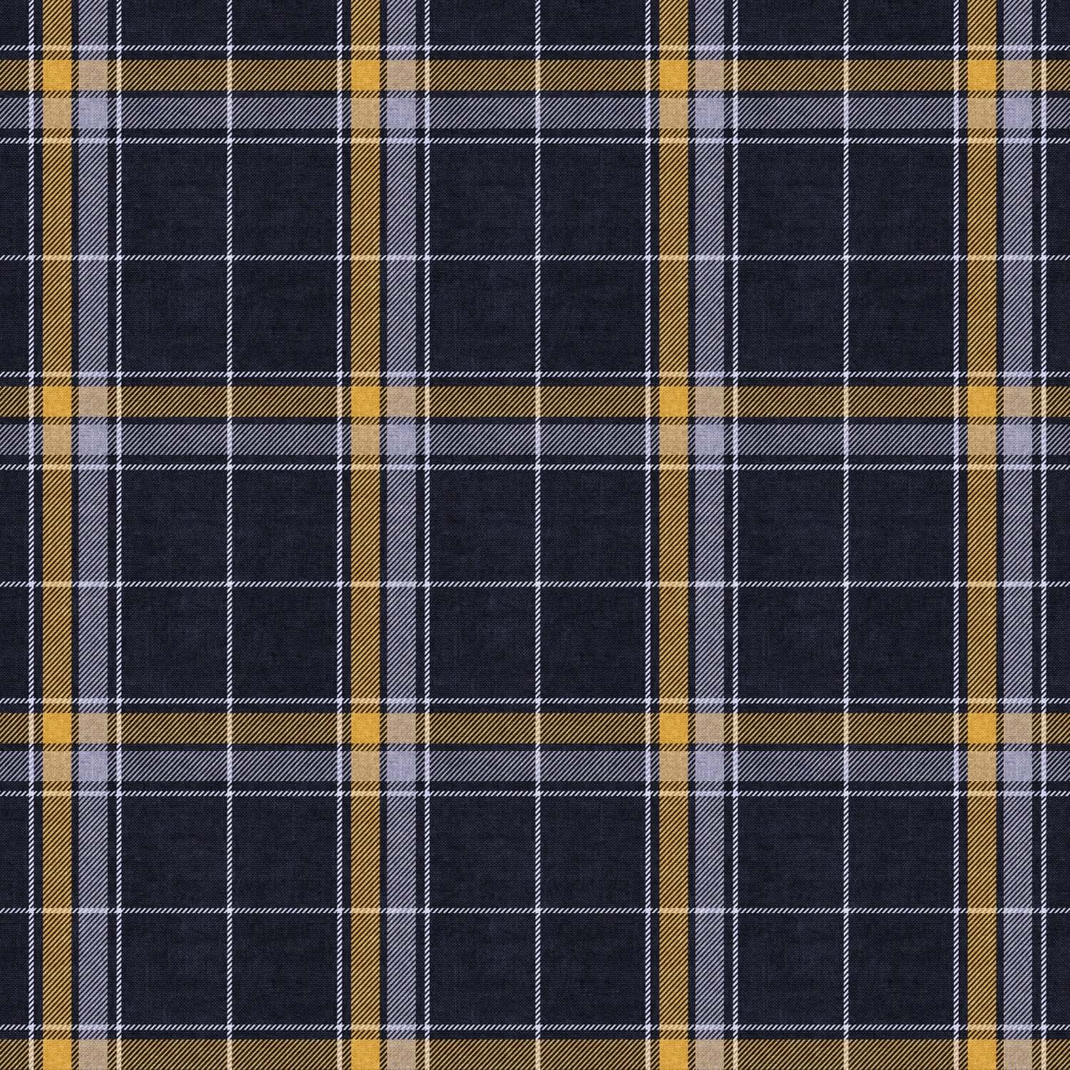 A close-up of a heritage plaid wallpaper pattern with a dark navy blue base, featuring thick mustard yellow vertical stripes, thin gray stripes, and fine white crosshatch lines.