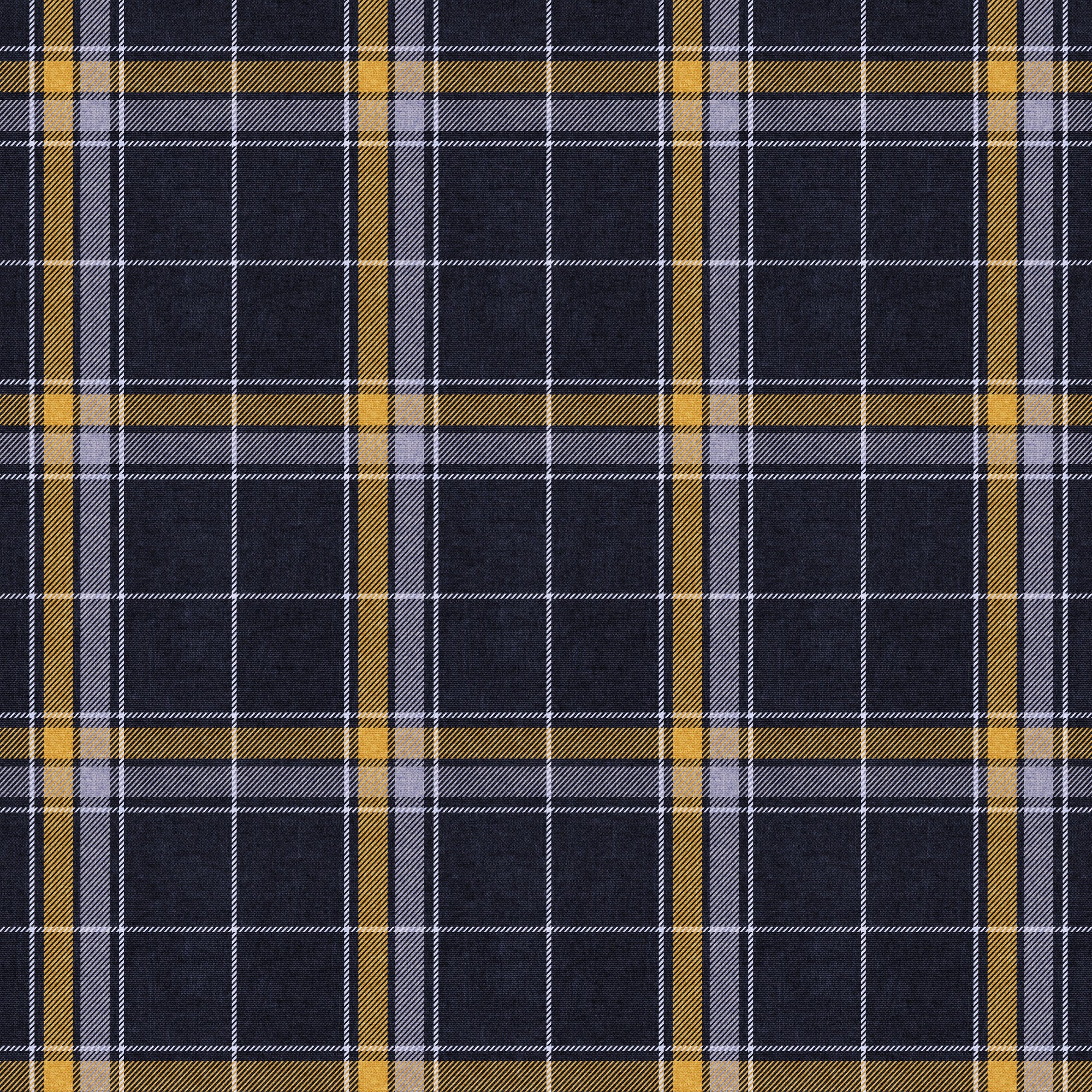A close-up of a heritage plaid wallpaper pattern with a dark navy blue base, featuring thick mustard yellow vertical stripes, thin gray stripes, and fine white crosshatch lines.