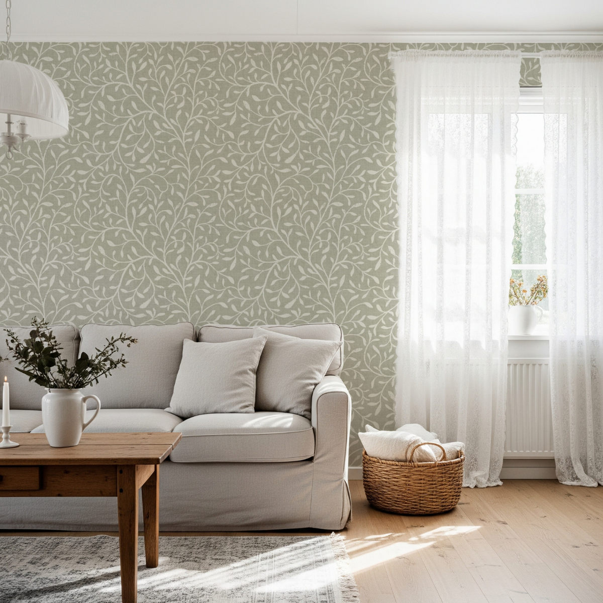 Living room with light gray sofa, wooden coffee table, and patterned green botanical wallpaper.