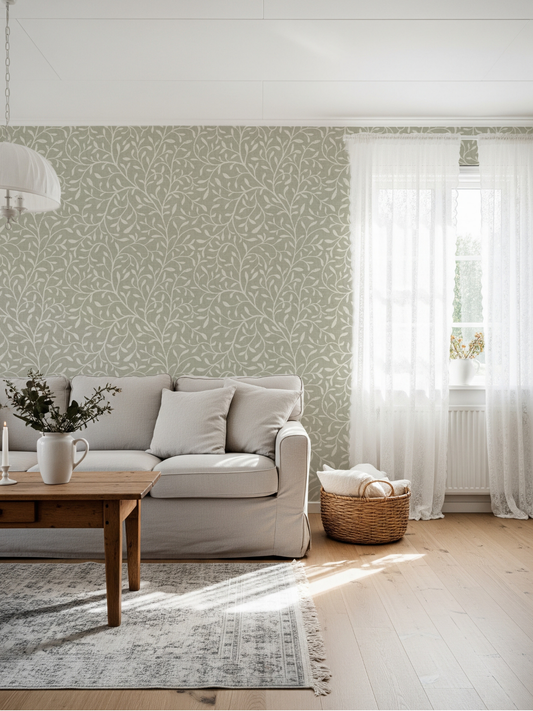 Willow Bough Branches Wallpaper: Botanical Silhouette Design in Green, Blue, Grey, Mauve or Pink