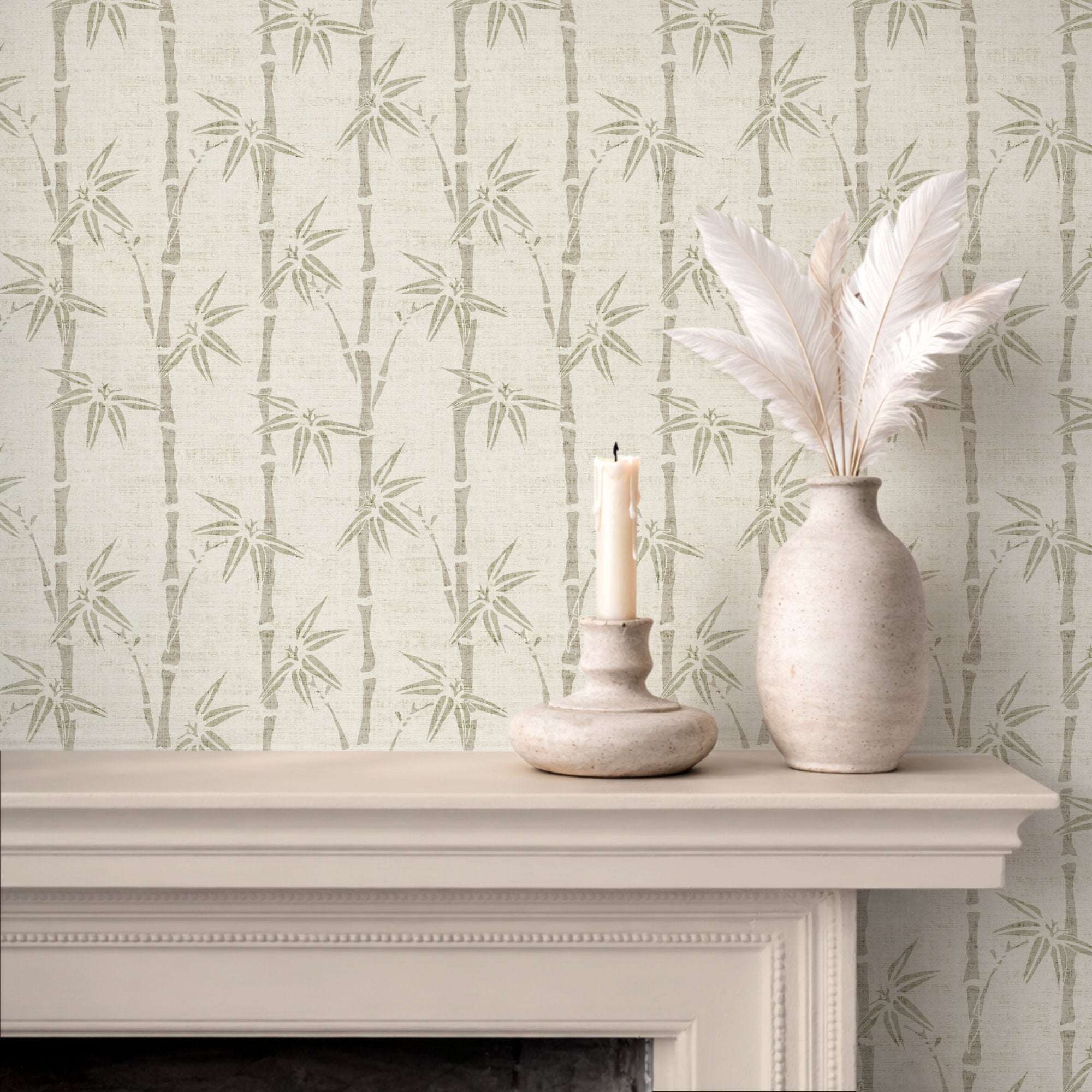Bamboo wallpaper with light green sprig and vertical stalk pattern on off-white background