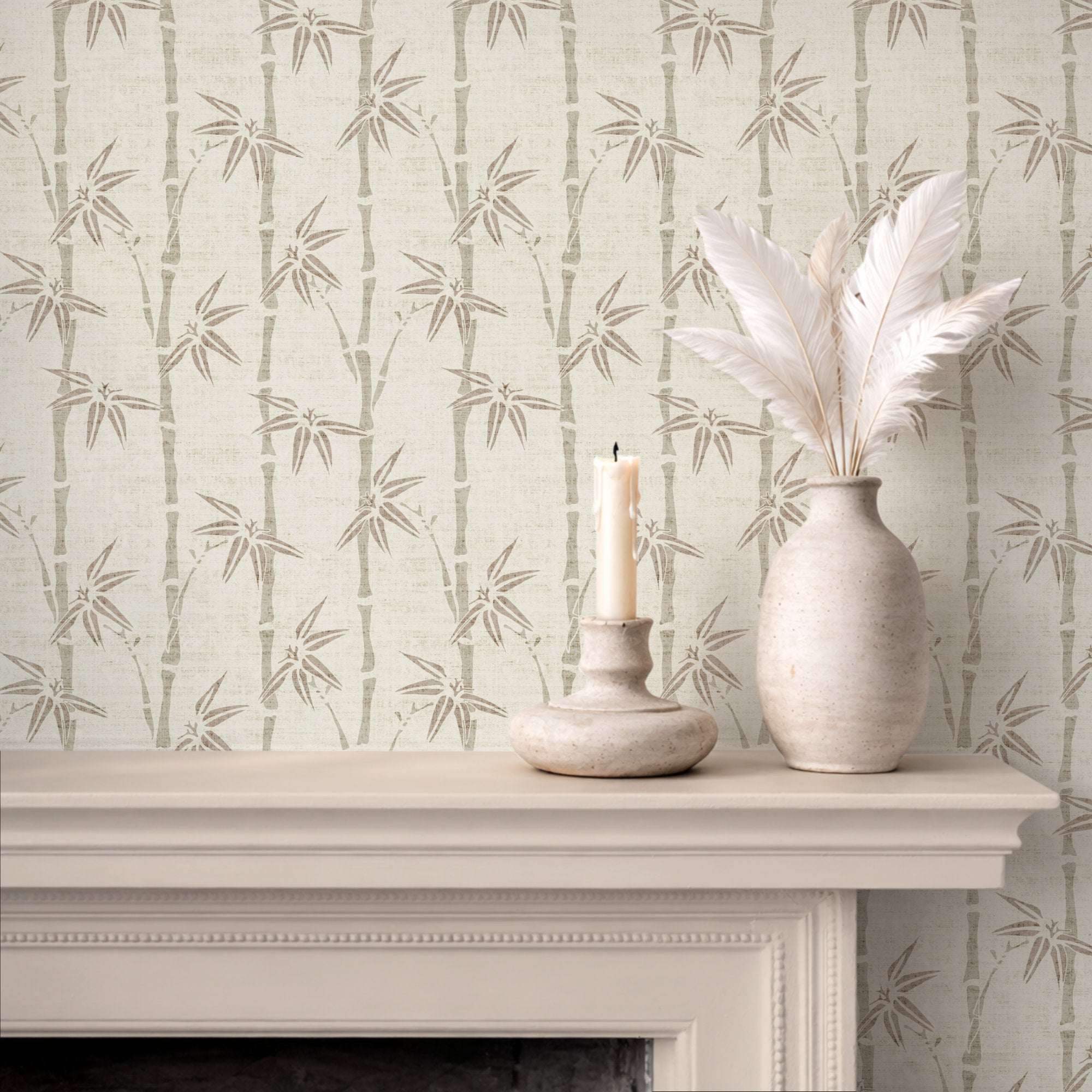 Bamboo wallpaper with off-white base and light green bamboo stalks and leaves repeat