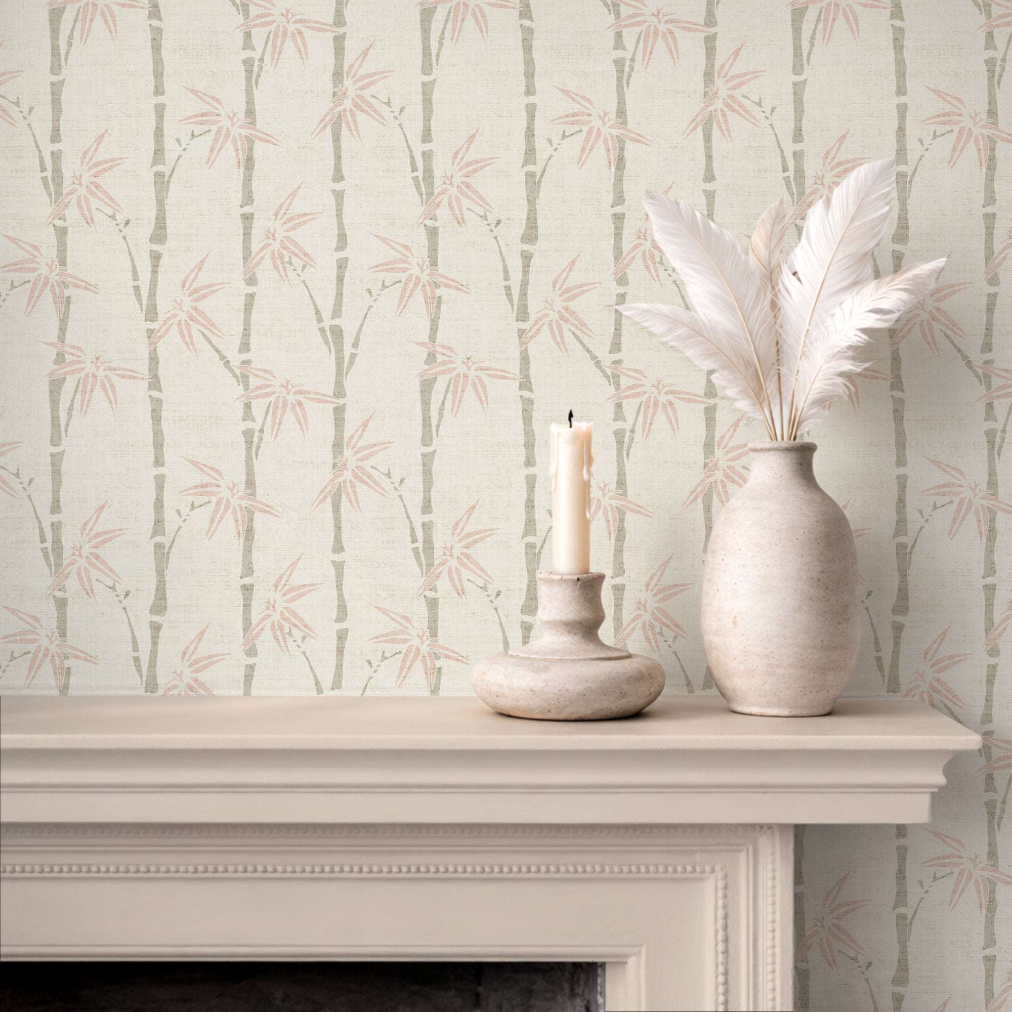 Bamboo wallpaper panel with light green stalks and leaf sprigs on off-white ground