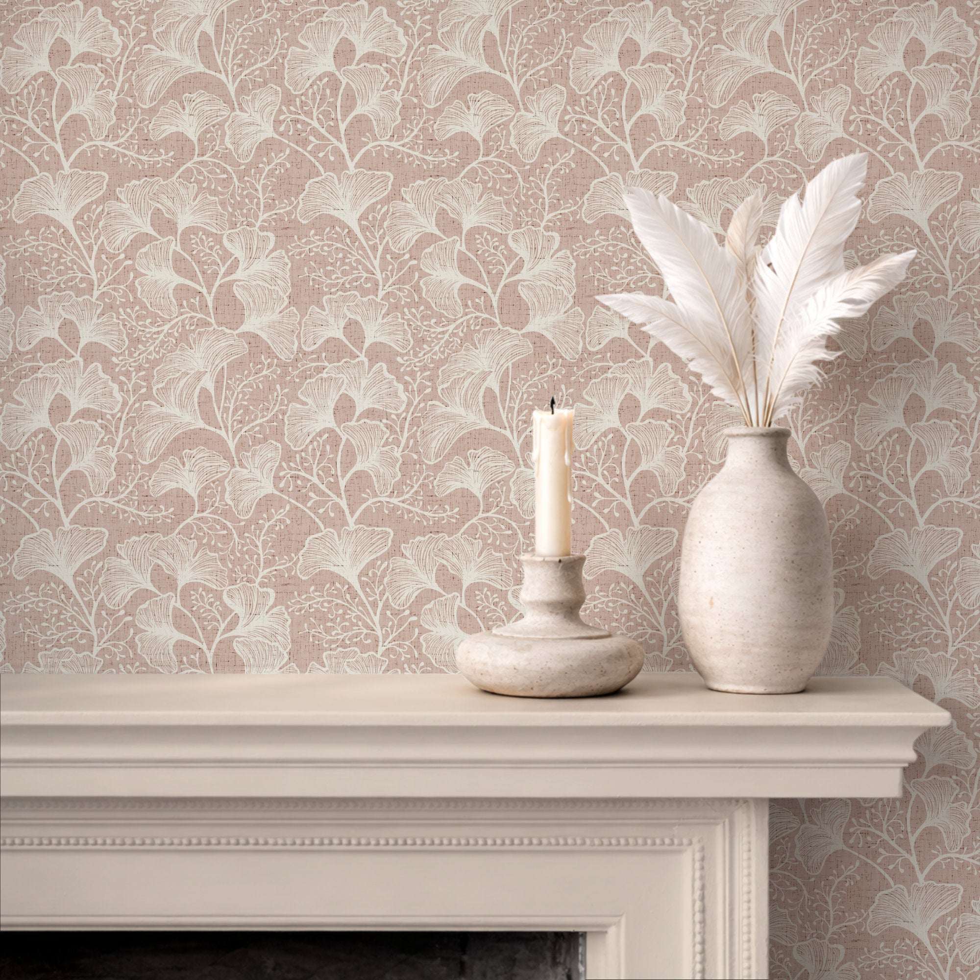 Pink-beige ginkgo leaf wallpaper with white botanical repeat leaf pattern.