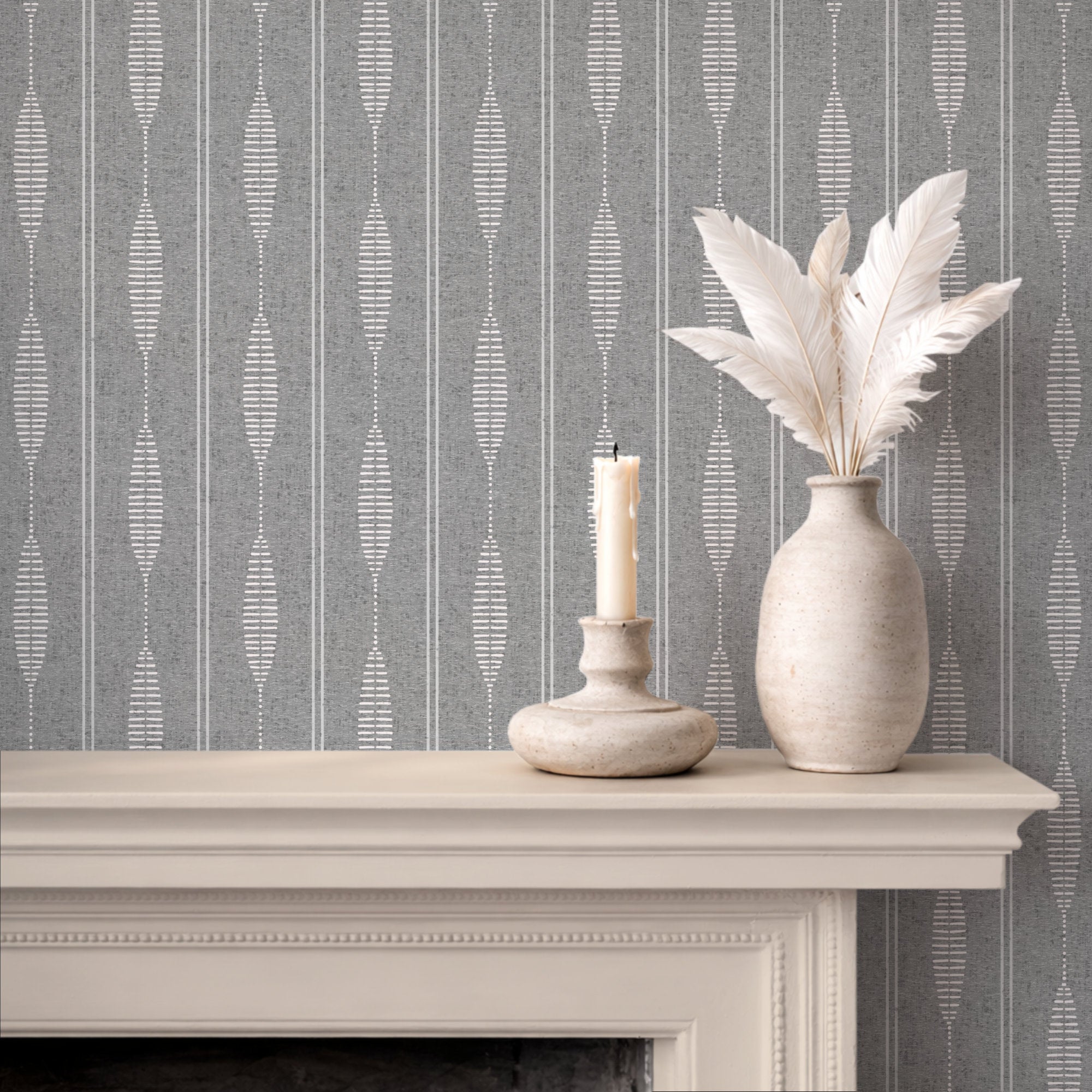 Grey linen stripe wallpaper behind a fireplace mantel, hand-drawn folk stripe