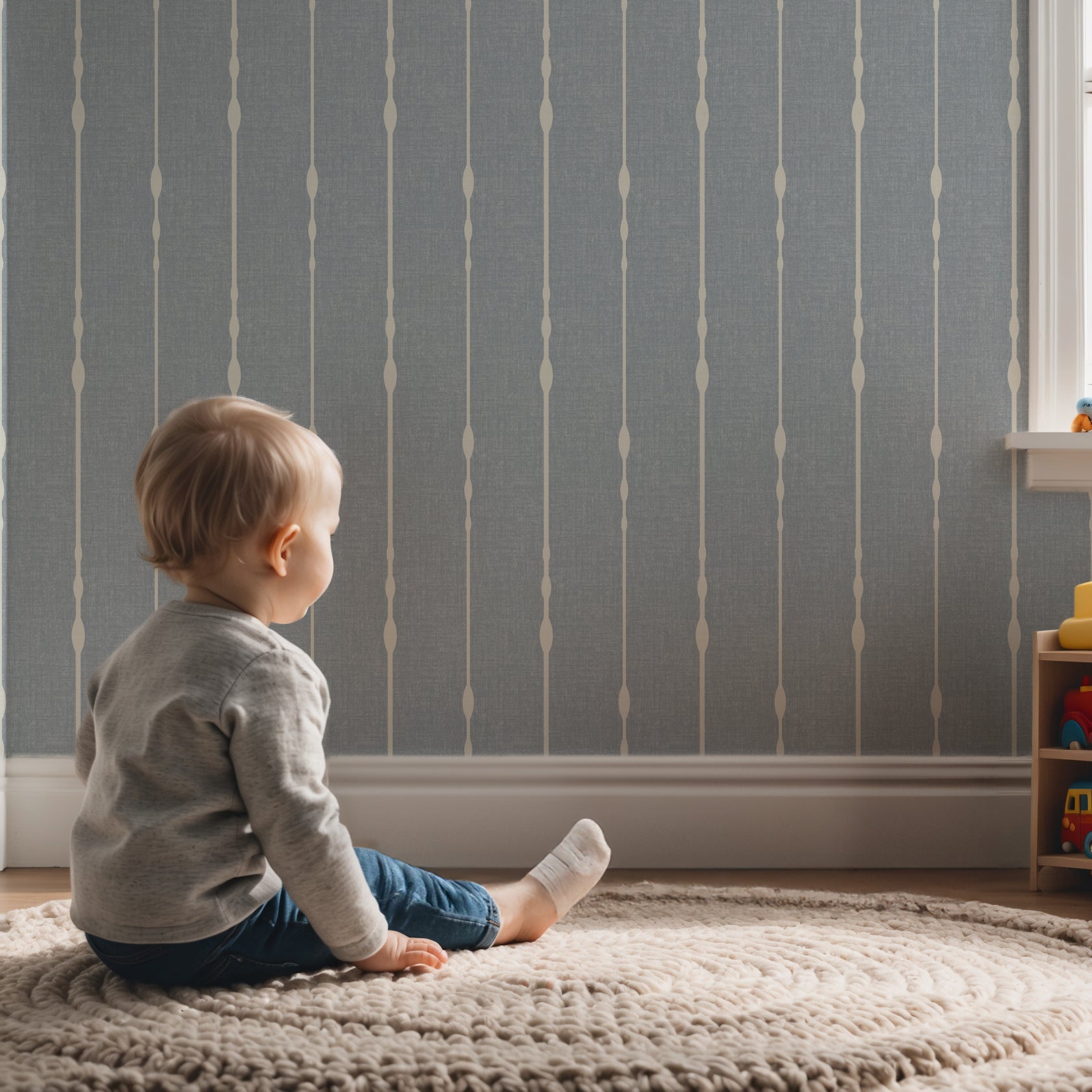 Blue vertical striped wallpaper in light nursery – modern geometric wallpaper design