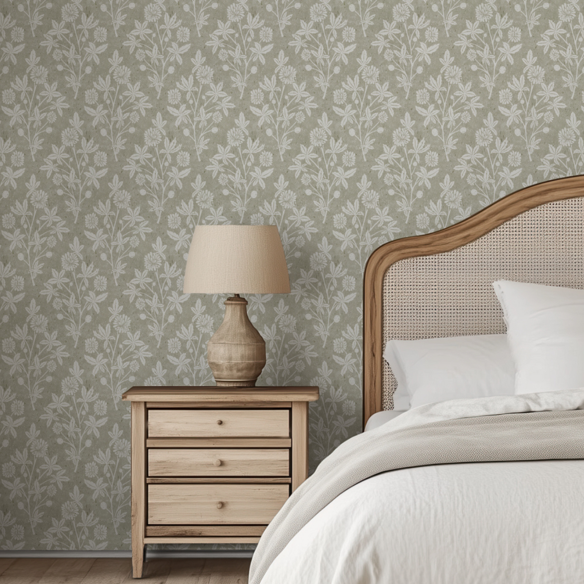 Block Print Floral Geometric Wallpaper: Classic Vintage Botanical Farmhouse Pattern