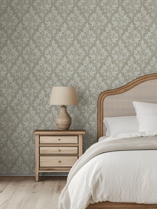 Bedroom with rattan bedframe and bedside table, featuring light green block print wallpaper with a floral diamond pattern.