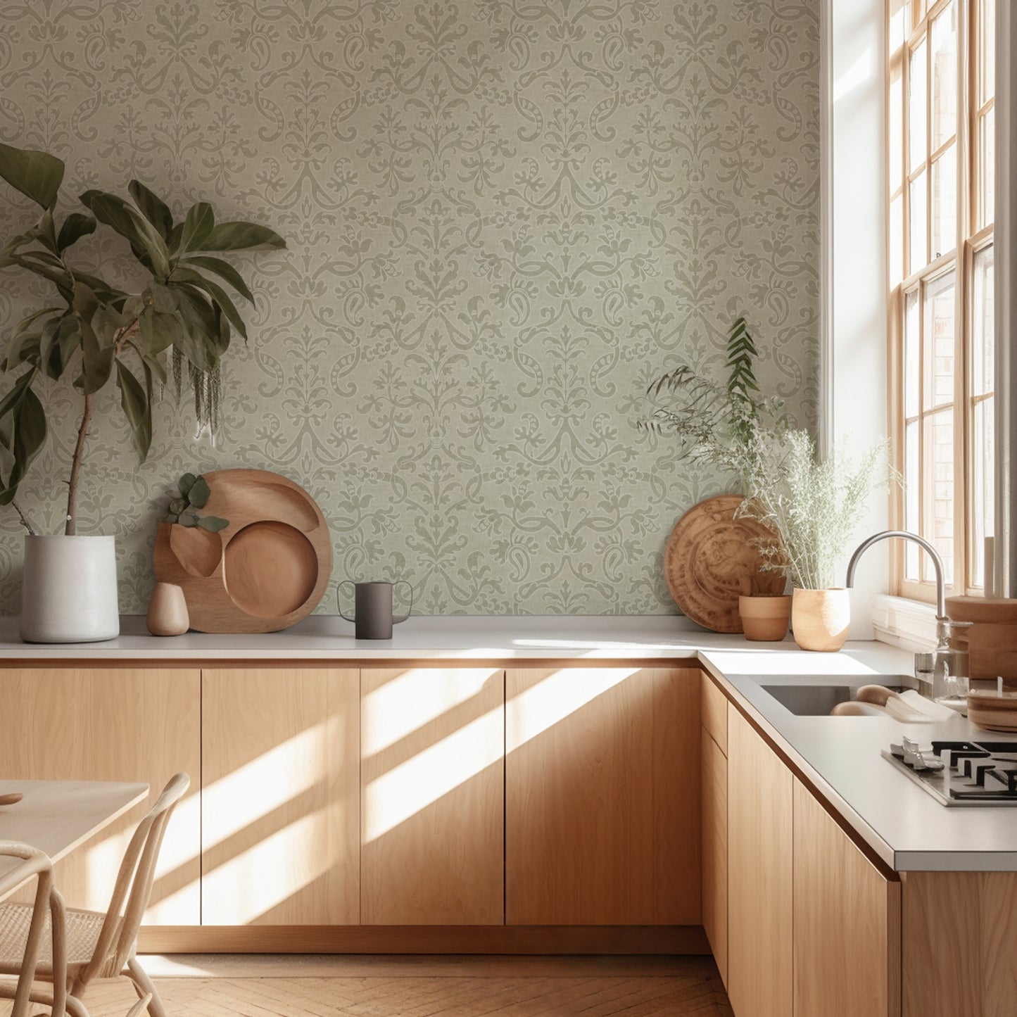 Light Green Victorian damask floral wallpaper in a light-filled kitchen with wooden cabinets and large window.