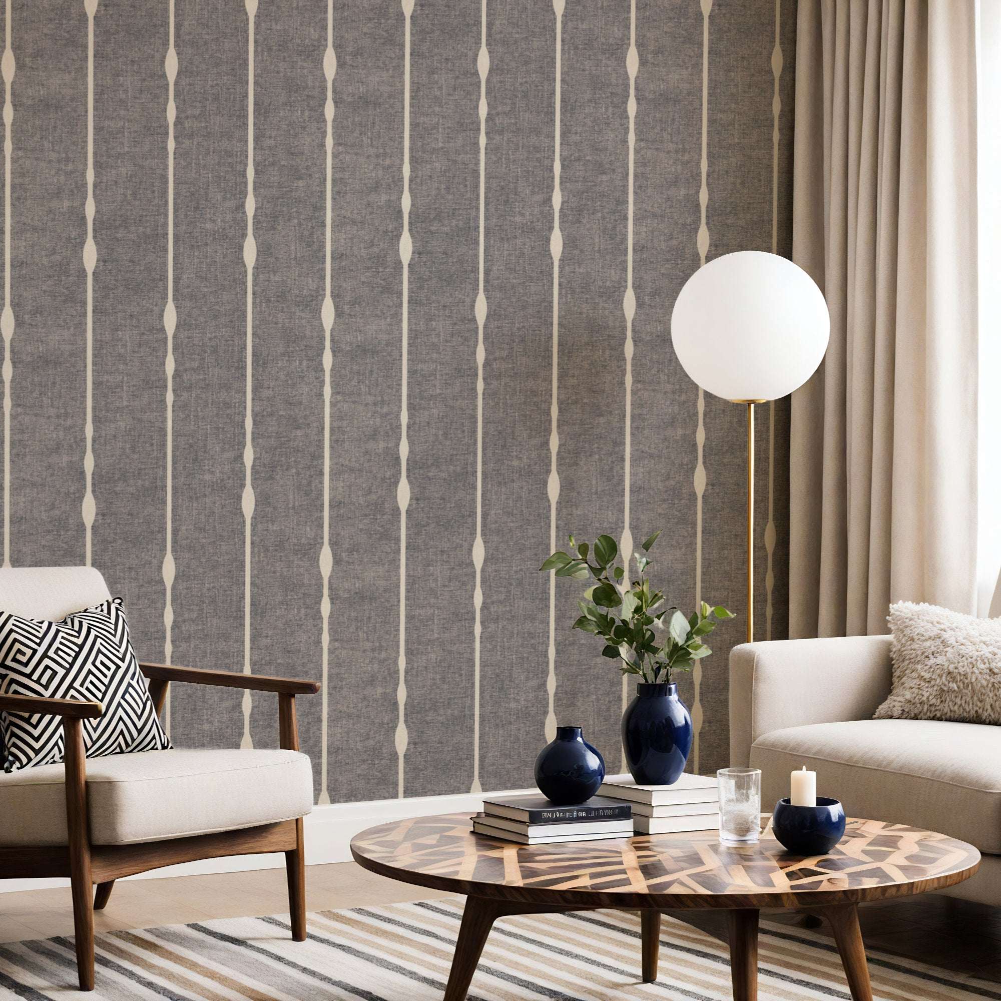 Vertical striped wallpaper with beaded vertical stripes on gray fabric-like ground and light columns