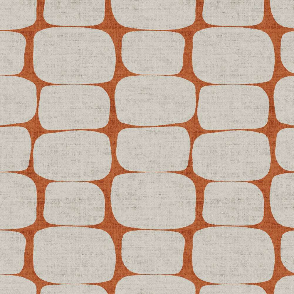 Wallpaper close-up: orange geometric pebble stripe grid with rounded rectangular blocks.