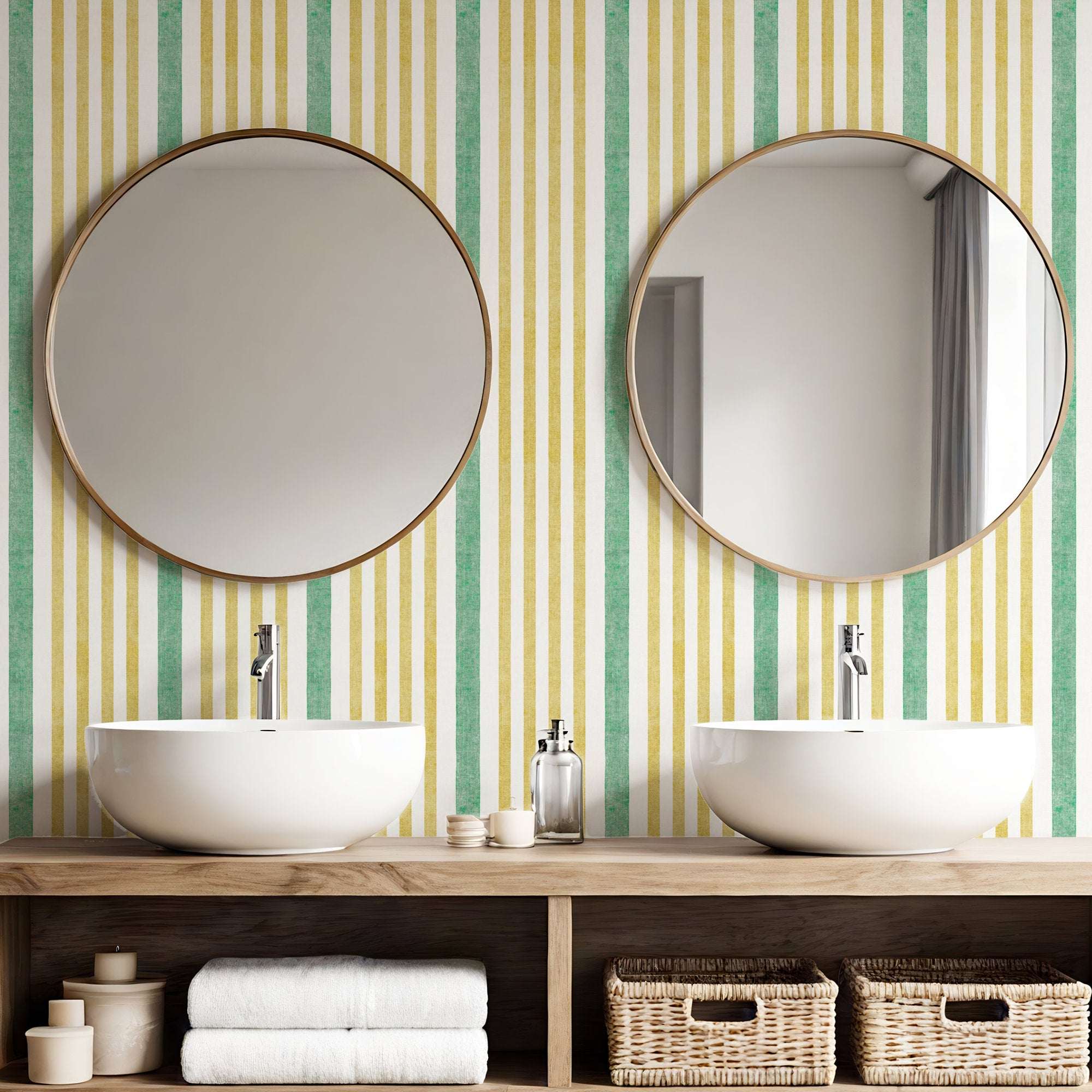 Bathroom wallpaper with vertical watercolor-style stripes in deep blue, green, and off-white