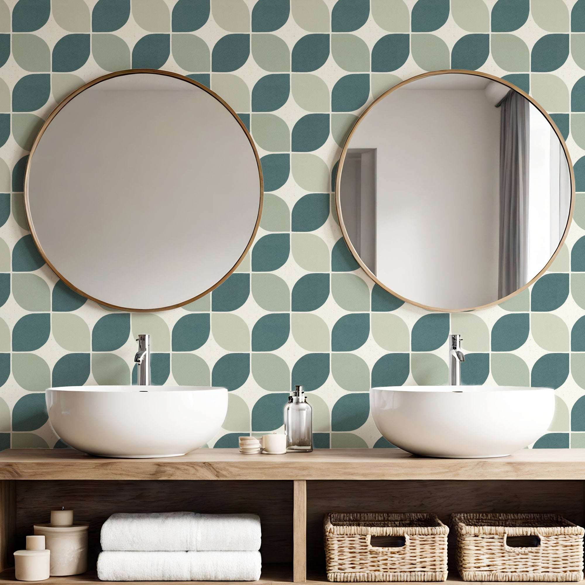 Geometric square wallpaper with teal and green overlapping shapes on a light base
