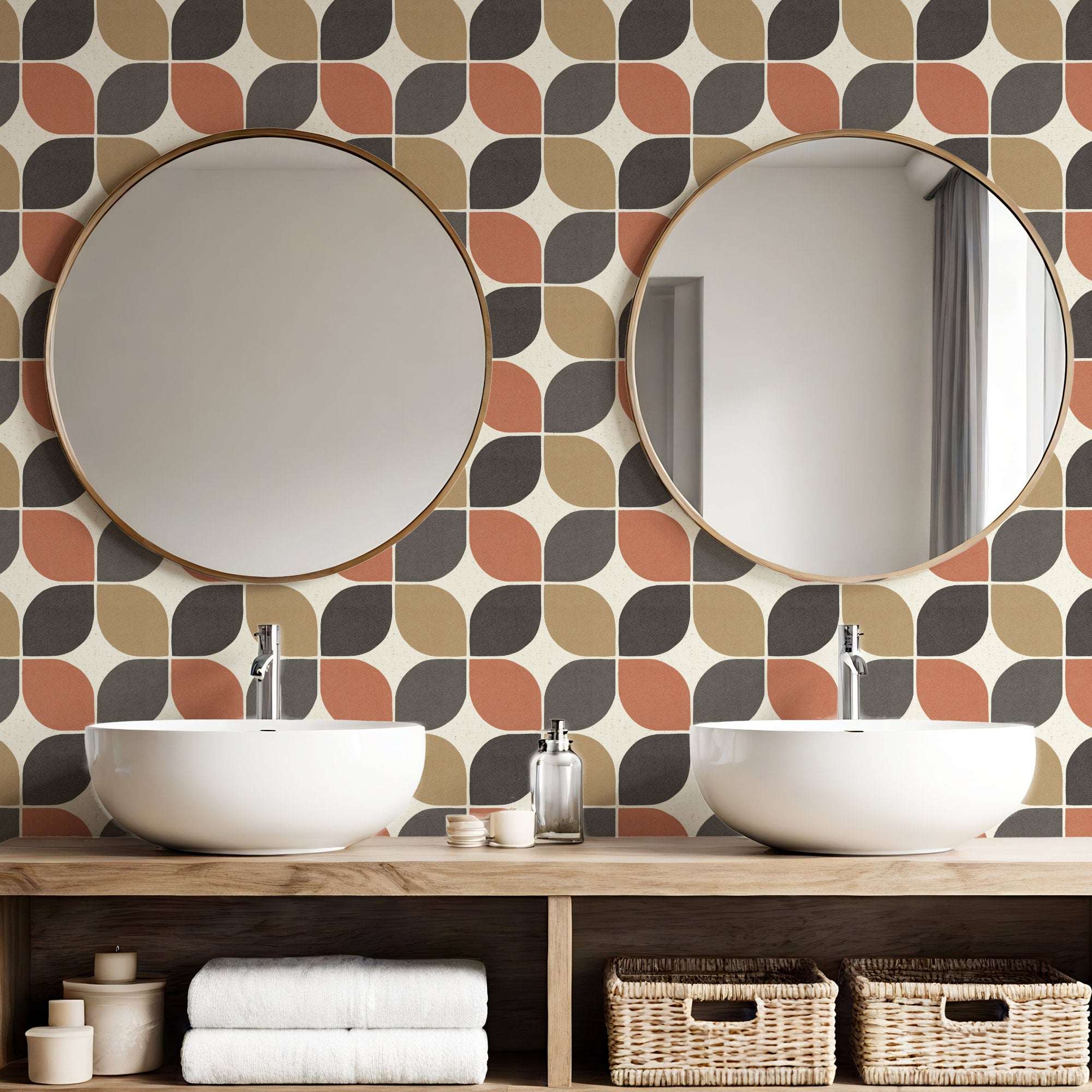 Geometric square wallpaper with rust orange and gray overlapping shapes on a light base