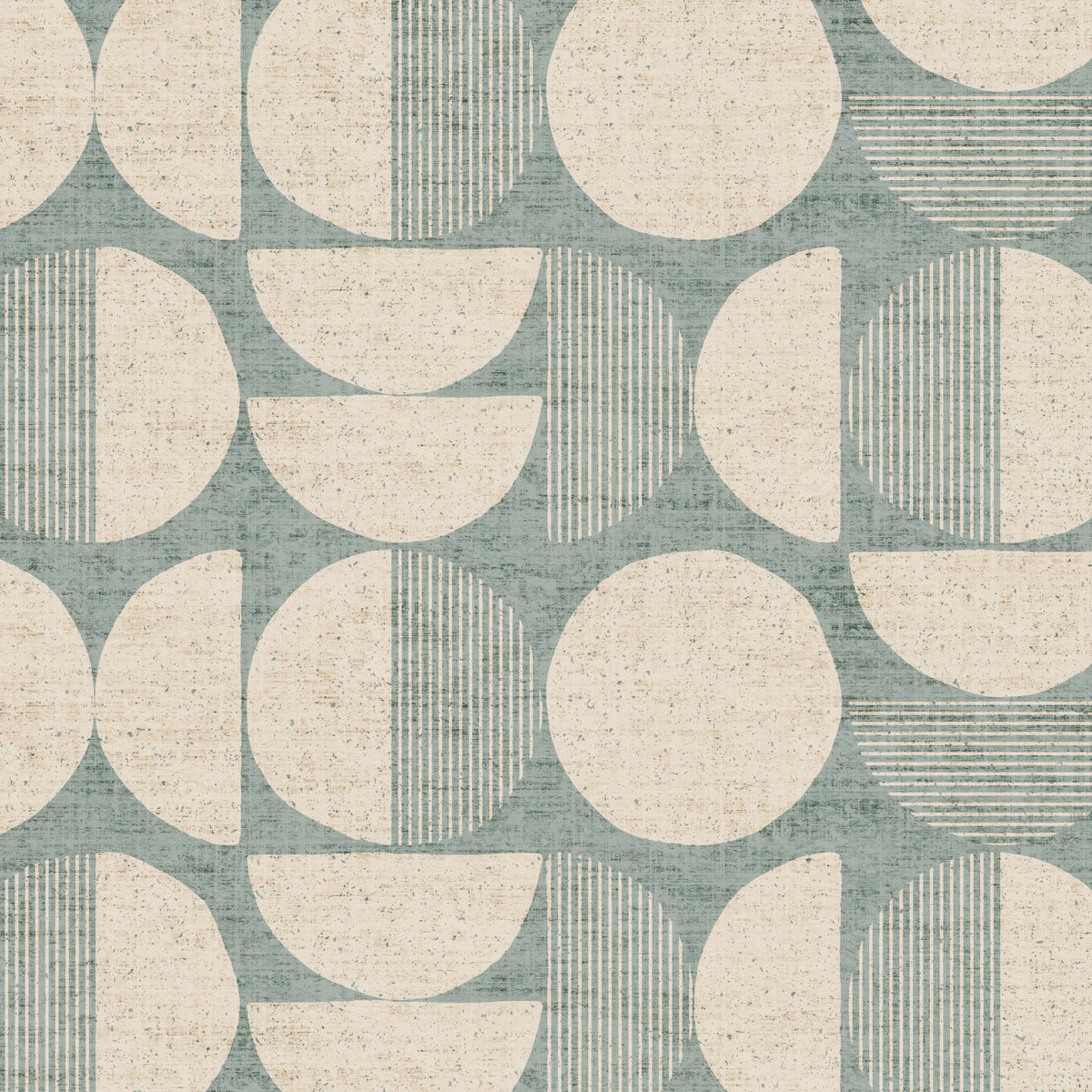 Mid-century modern geometric wallpaper close up pattern detail in teal and cream