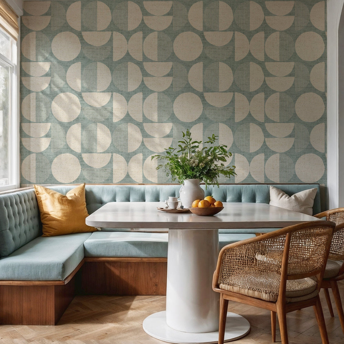 Mid-century modern wallpaper in teal in kitchen diner with banquette seating and parquet floor