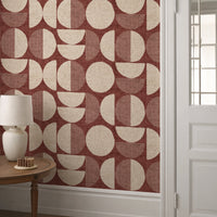 Terracotta mid-century modern circle wallpaper in hallway with white panelling