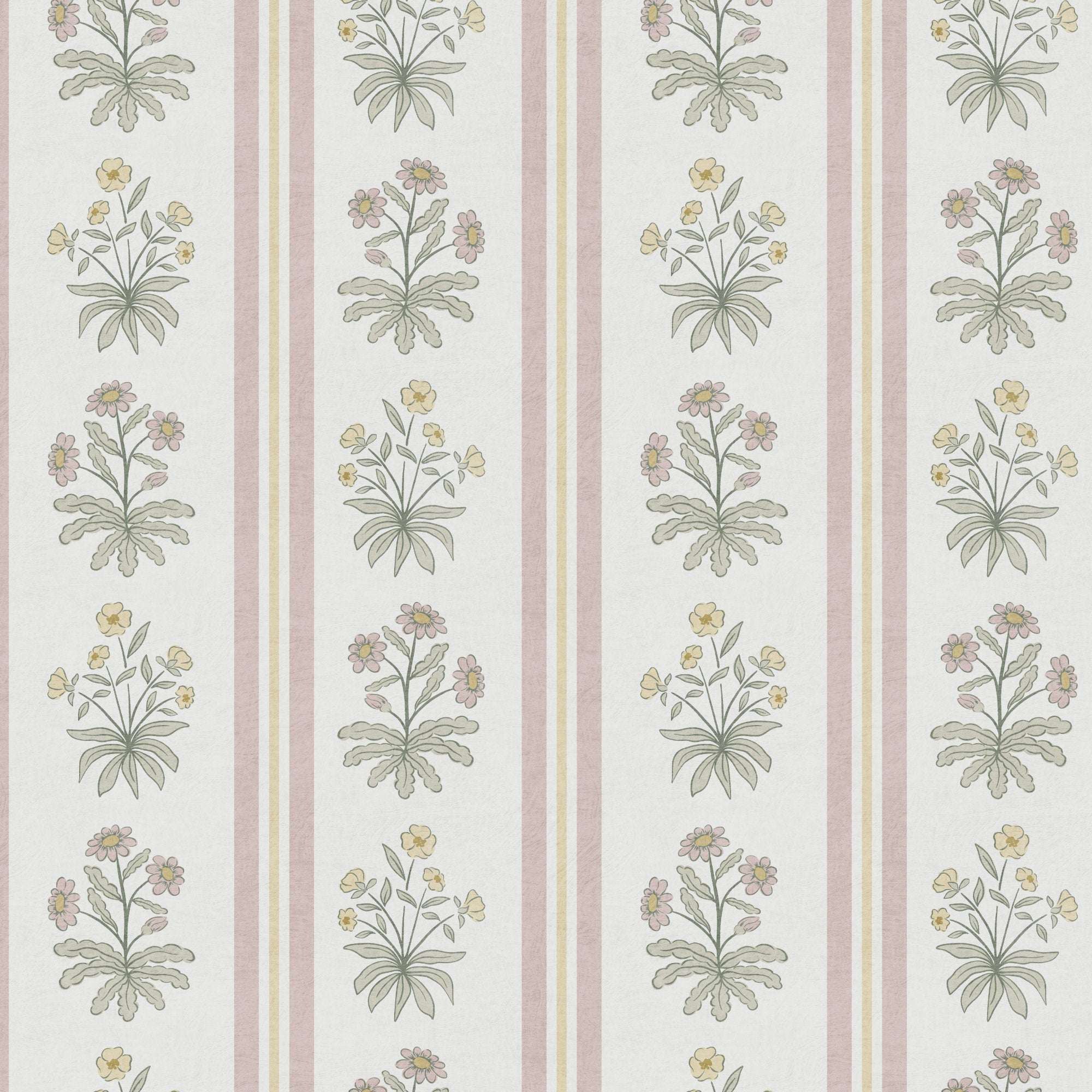 Floral stripe wallpaper with cottage flowers on pale background and vertical pink stripes