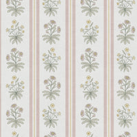 Floral stripe wallpaper close up pattern detail in pink yellow and green