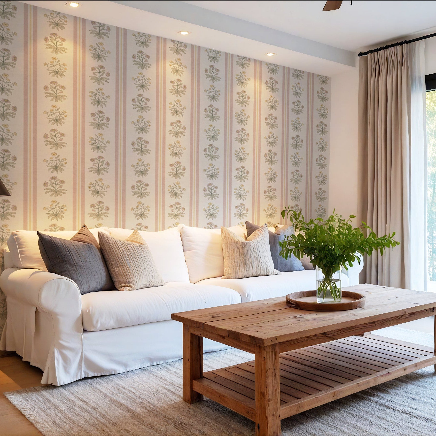 Floral stripe wallpaper with cottage flowers on pale background and vertical blue stripes