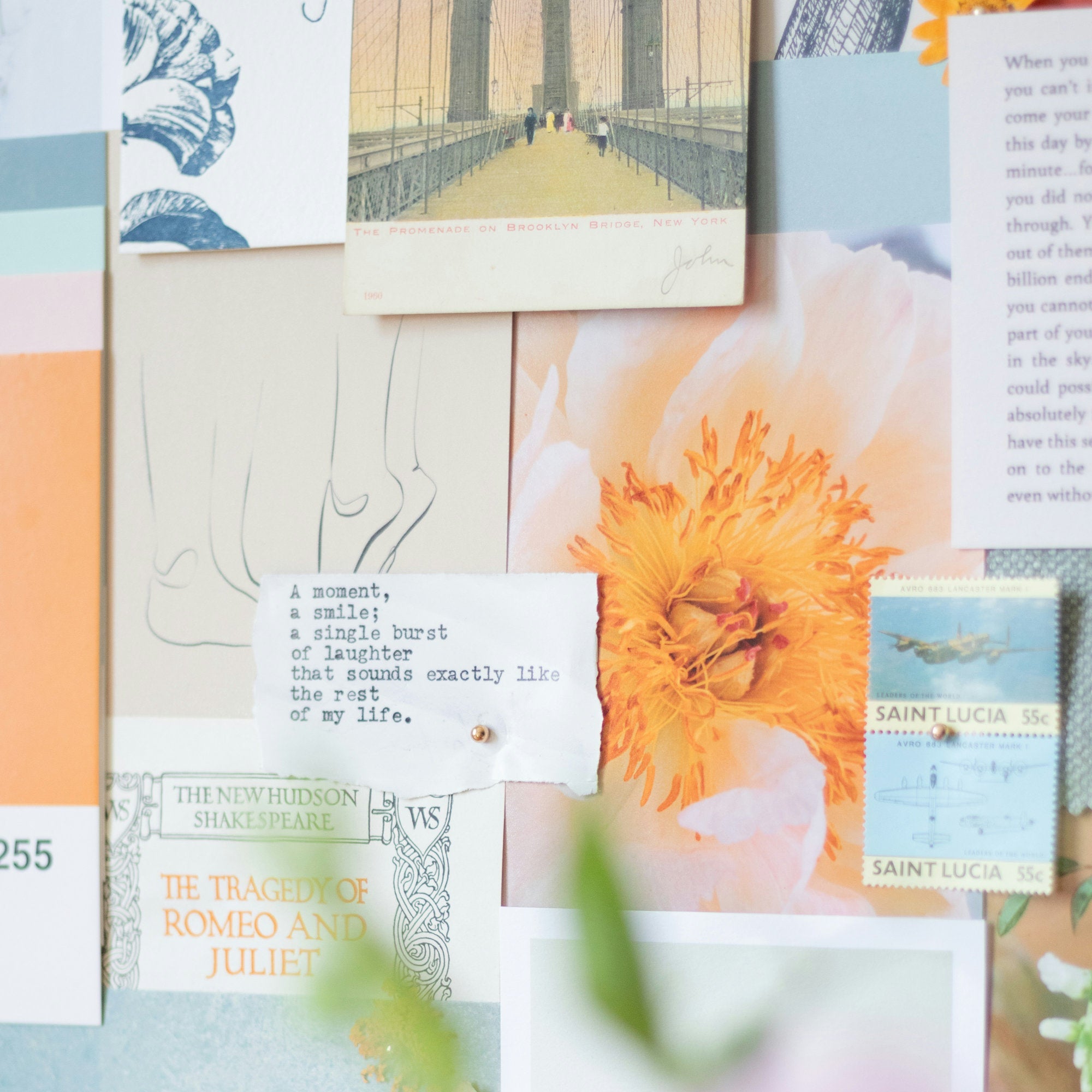 Collage of various cards and papers with floral and architectural elements.