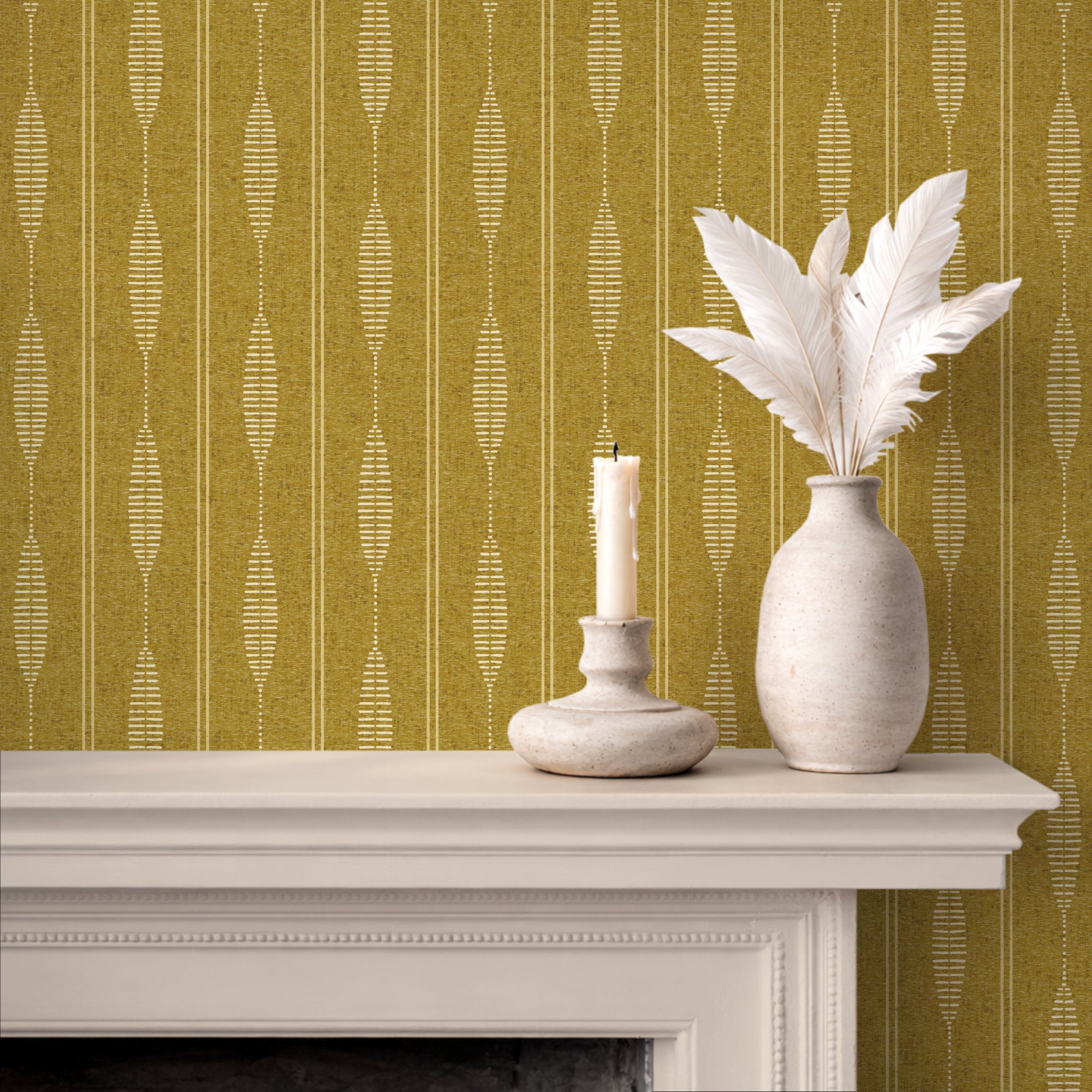 Mustard yellow linen stripe wallpaper behind a fireplace mantel, hand-drawn folk stripe
