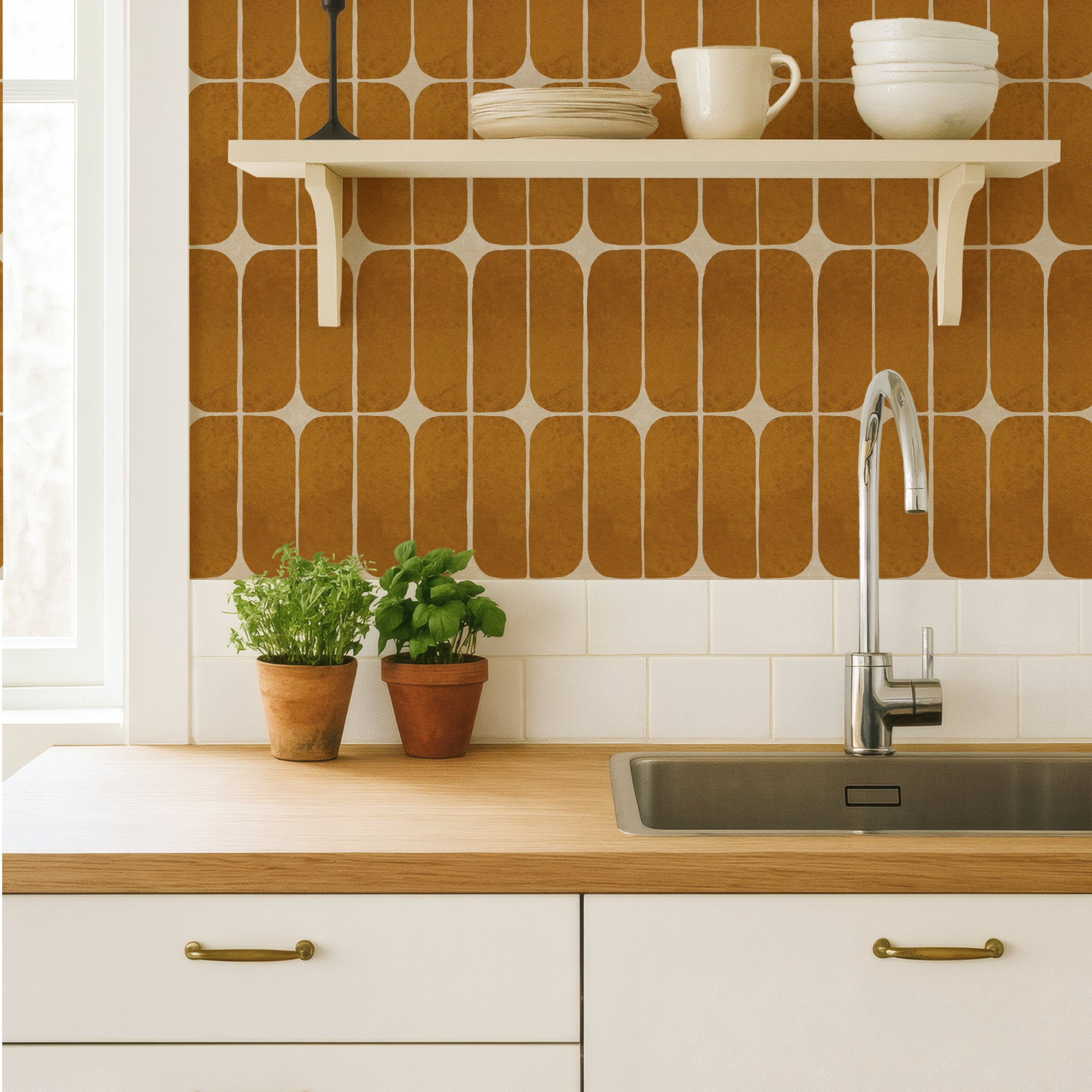 Yellow retro tile wallpaper as a kitchen backsplash with open shelving