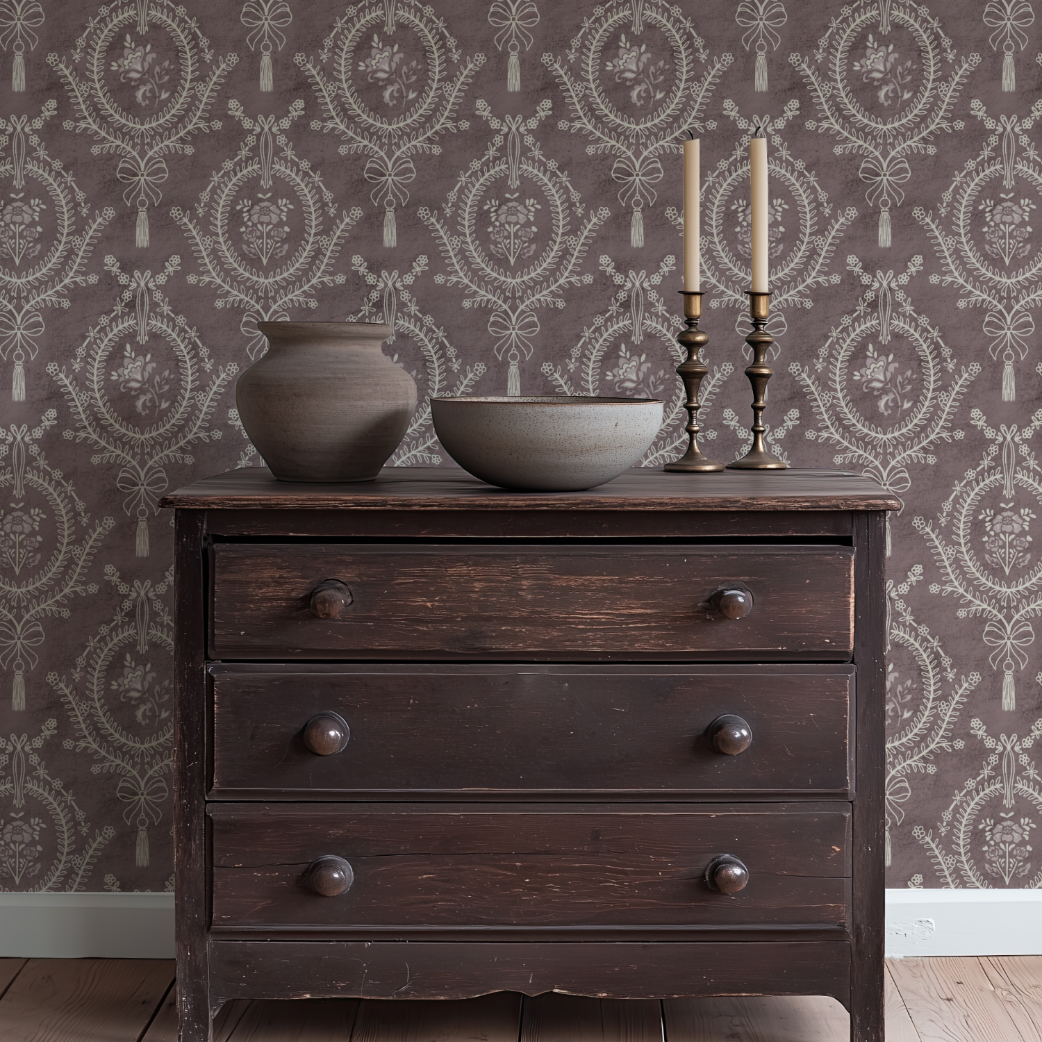 Muted Burgundy Damask Wallpaper – neoclassical floral medallion design styled in a traditional living room with dark wood furniture.