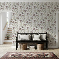 Muted Burgundy and Green Floral Vine Wallpaper – rustic floral wallpaper in farmhouse hallway