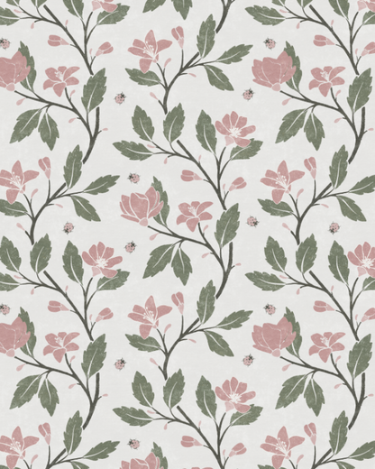 Muted Pink and Light Green Floral Vine Wallpaper – floral vine design in classic English cottage style
