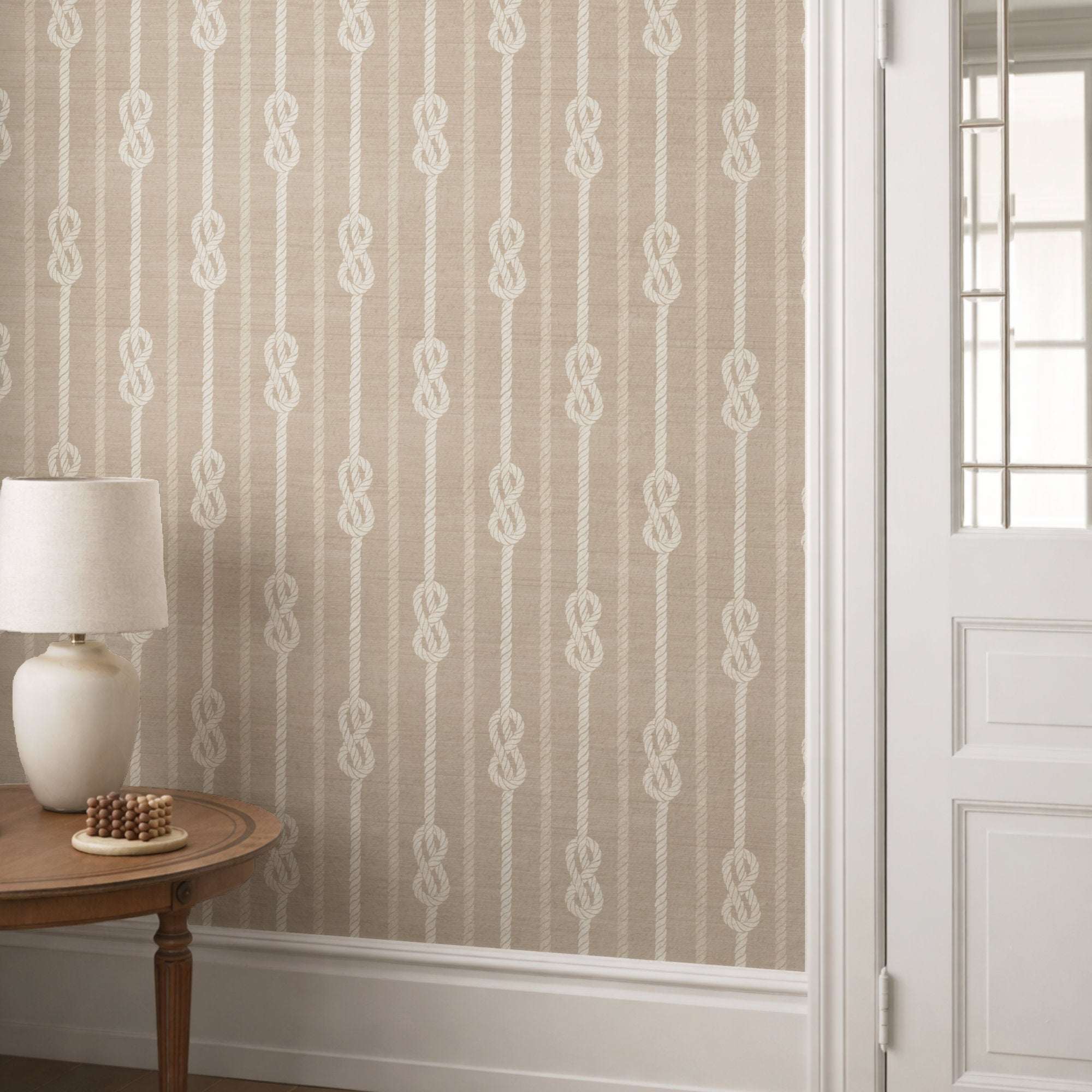 Nautical knot rope stripe wallpaper on soft gray-blue with white knot motifs
