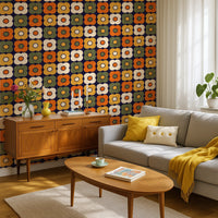 Navy and orange retro floral wallpaper – vintage 70s look styled in a mid century modern living room