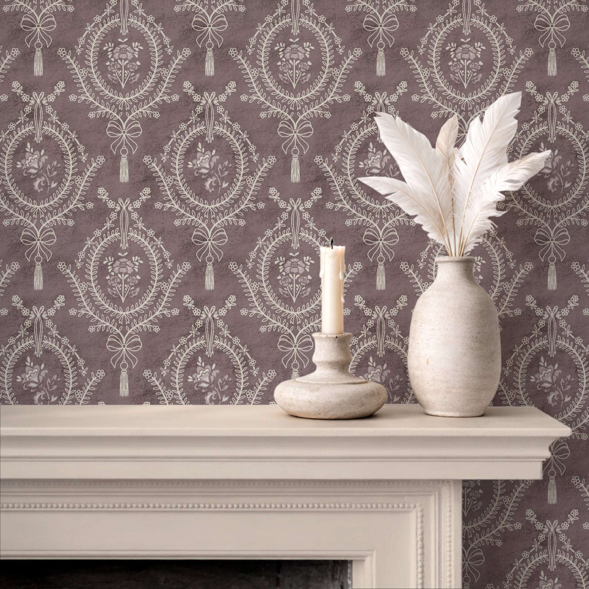Mauve neoclassical floral wallpaper with round medallions, bows, and tassel details.