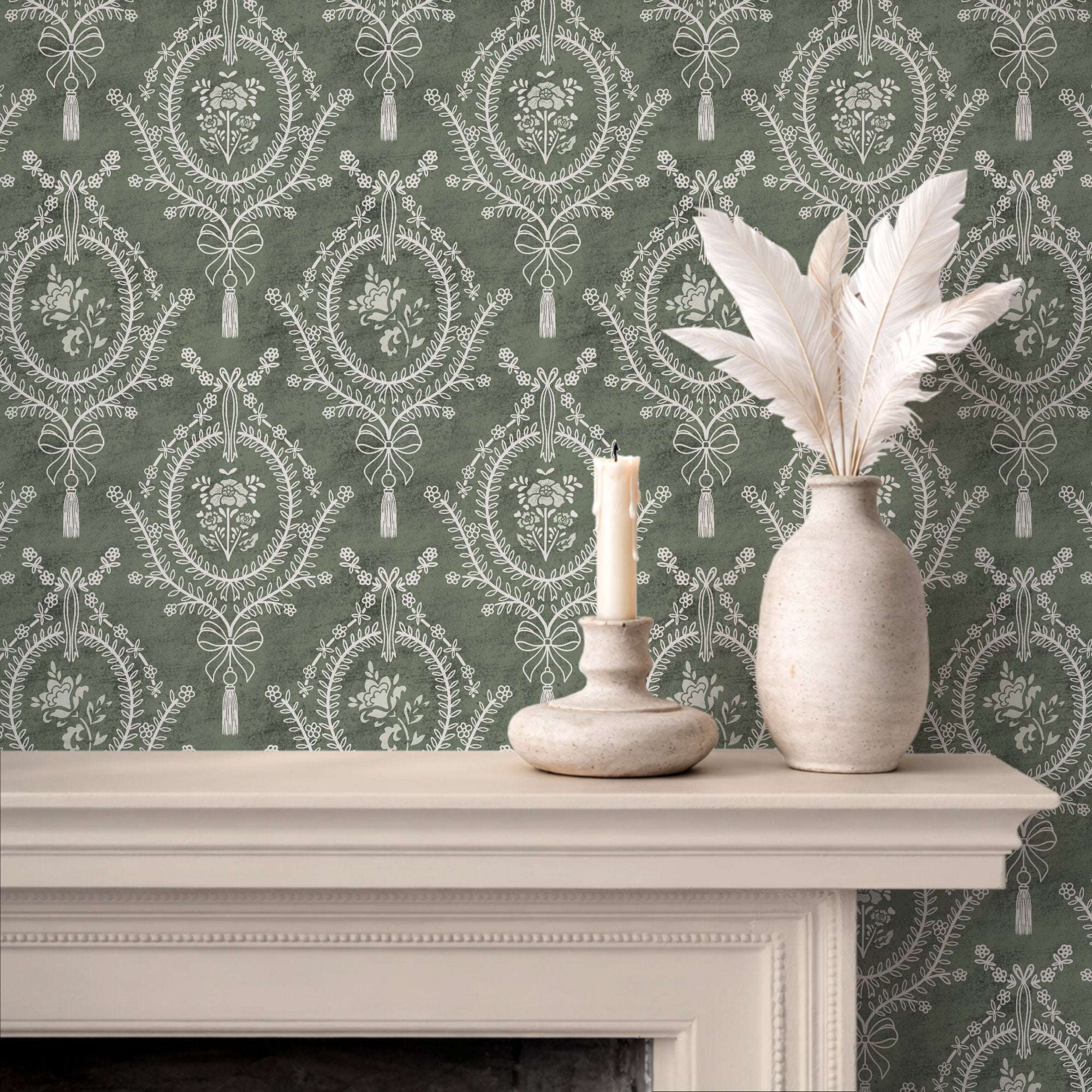Teal floral wallpaper with ornate medallions, bows, and tassels in a repeating layout.