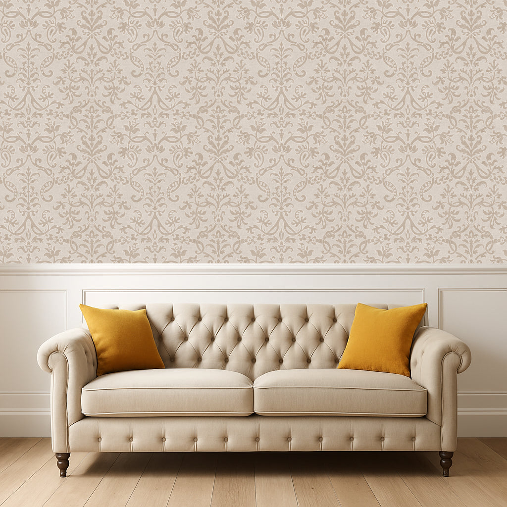 Neutral Victorian damask floral wallpaper behind a cream living room  sofa with yellow cushions.