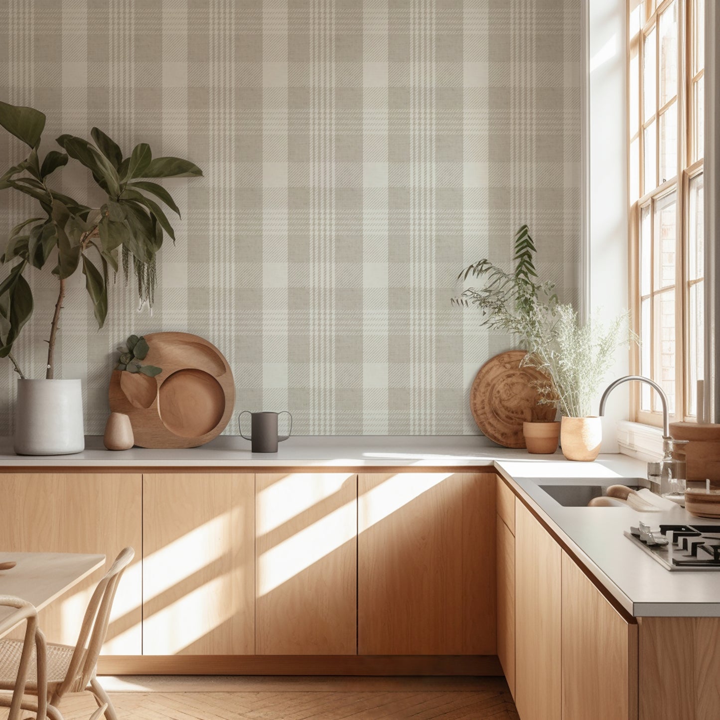 Beige check wallpaper with a subtle plaid design in a modern light wood kitchen, creating a warm and welcoming cooking space