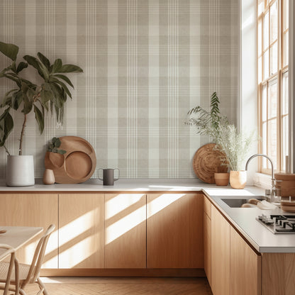 Beige check wallpaper with a subtle plaid design in a modern light wood kitchen, creating a warm and welcoming cooking space