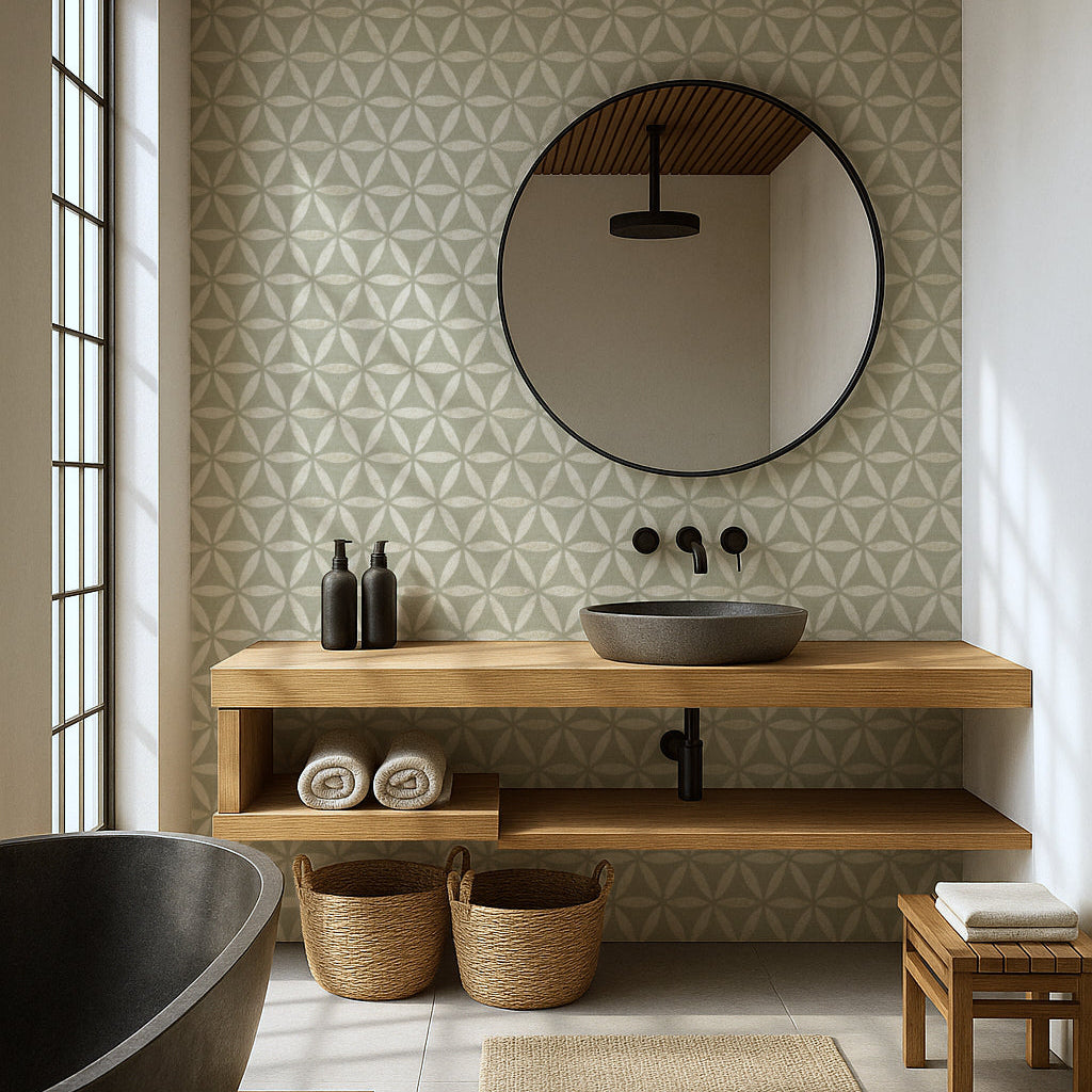 Green geometric wallpaper with flower of life motif in a modern hallway with a round mirror and natural accents