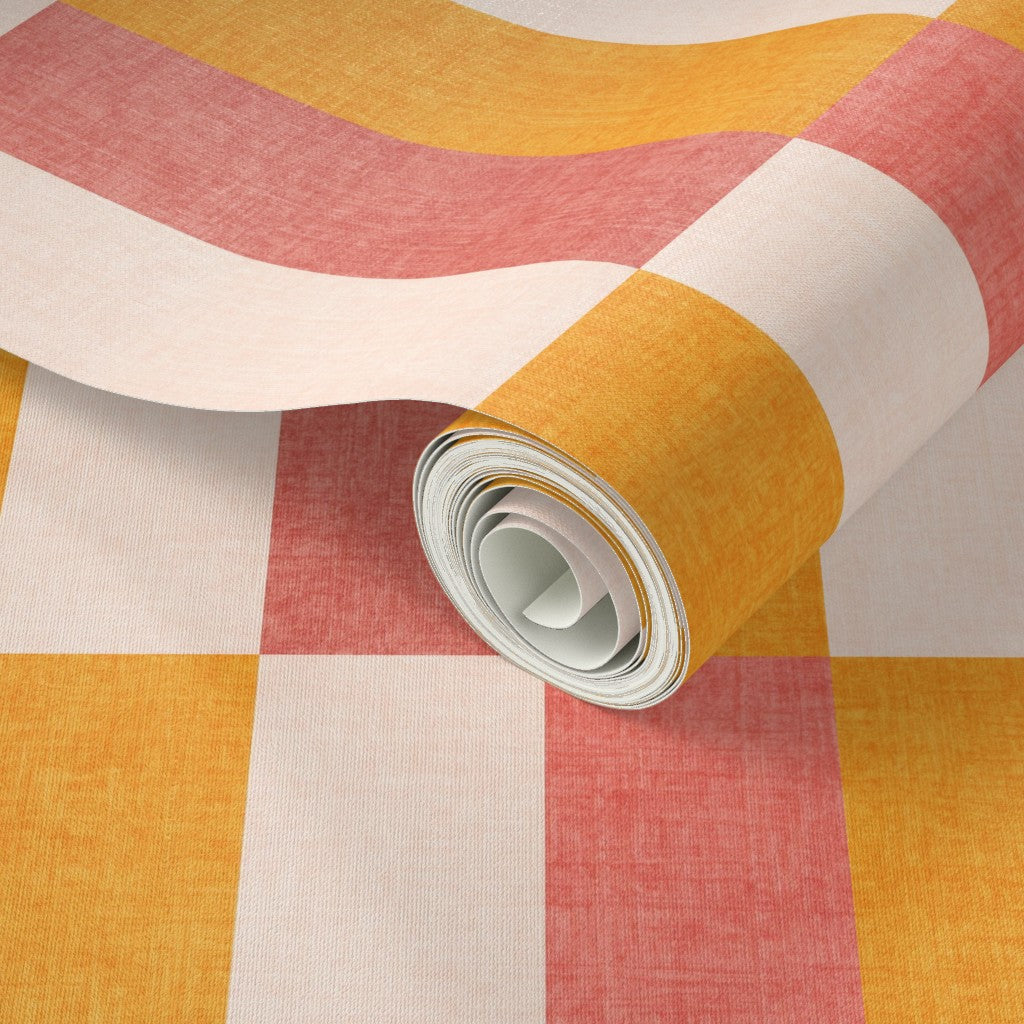 Orange and Pink Retro Wide Striped Wallpaper, close-up swatch showing blocky grid repeat